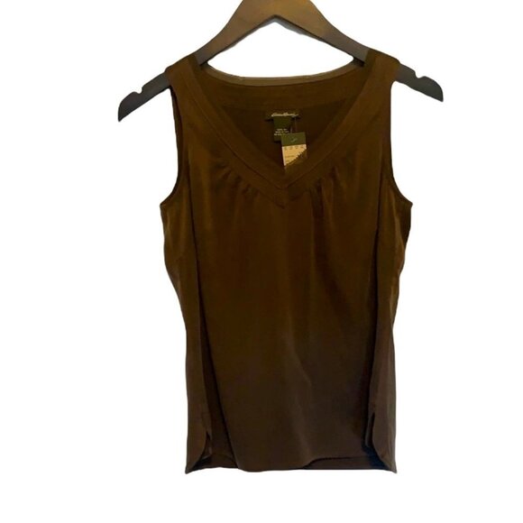 NWT Eddie Bauer 100% Silk Sleeveless Brown Relaxed Slip V Neck Top XSmall - Picture 2 of 12